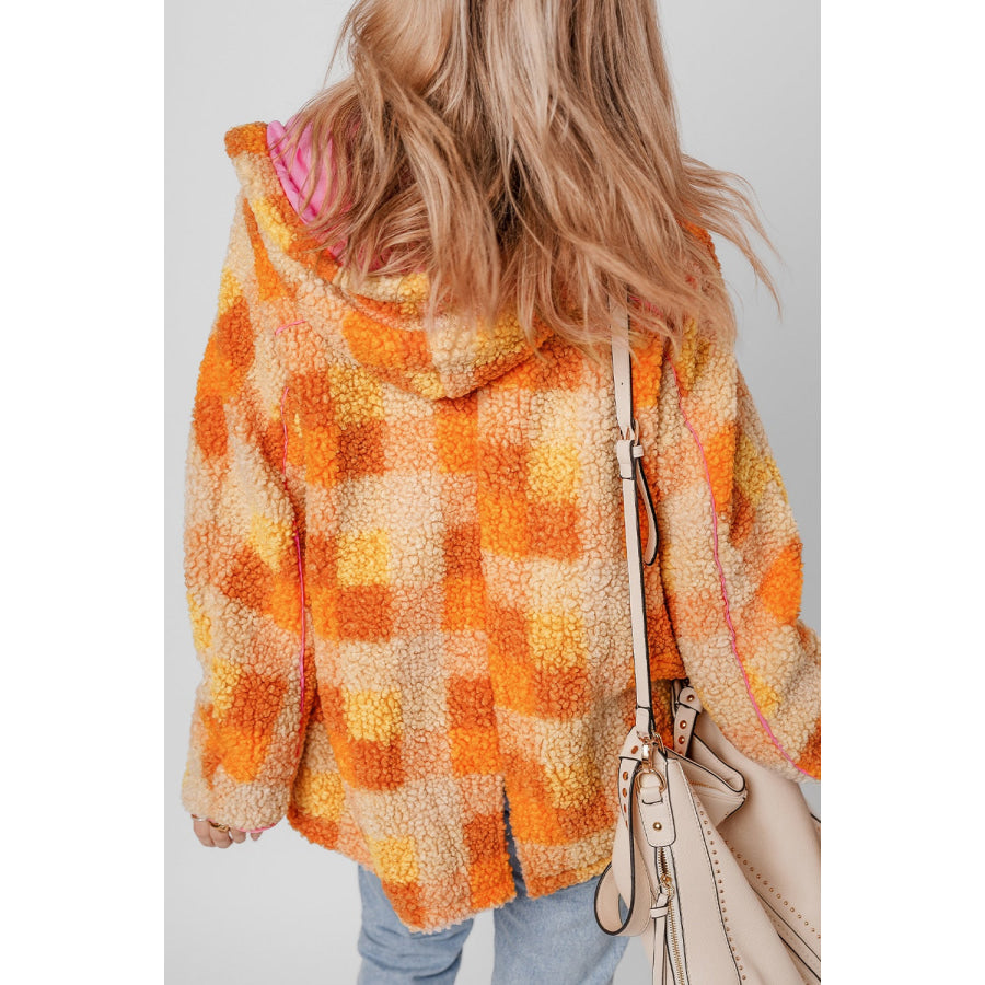 Checkered Long Sleeve Sherpa Hooded Jacket Apparel and Accessories