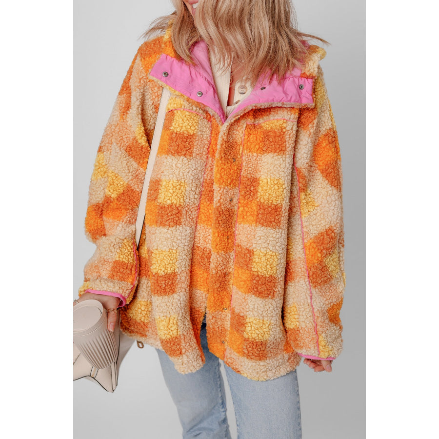 Checkered Long Sleeve Sherpa Hooded Jacket Tangerine / S Apparel and Accessories