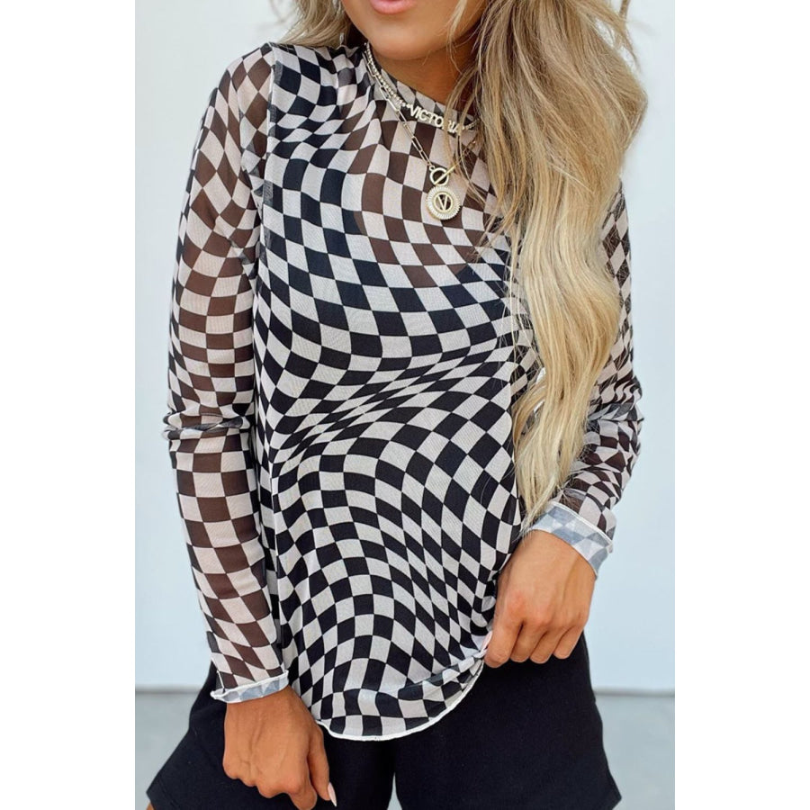 Checkered Mock Neck Long Sleeve Blouse Apparel and Accessories