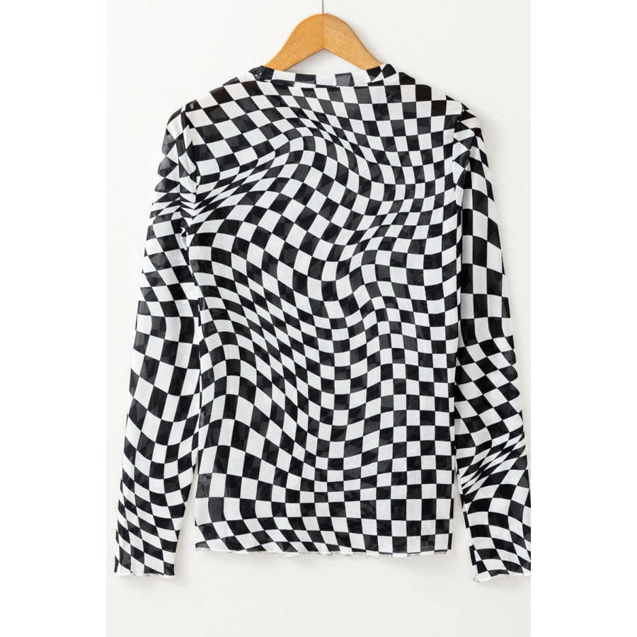 Checkered Mock Neck Long Sleeve Blouse Apparel and Accessories