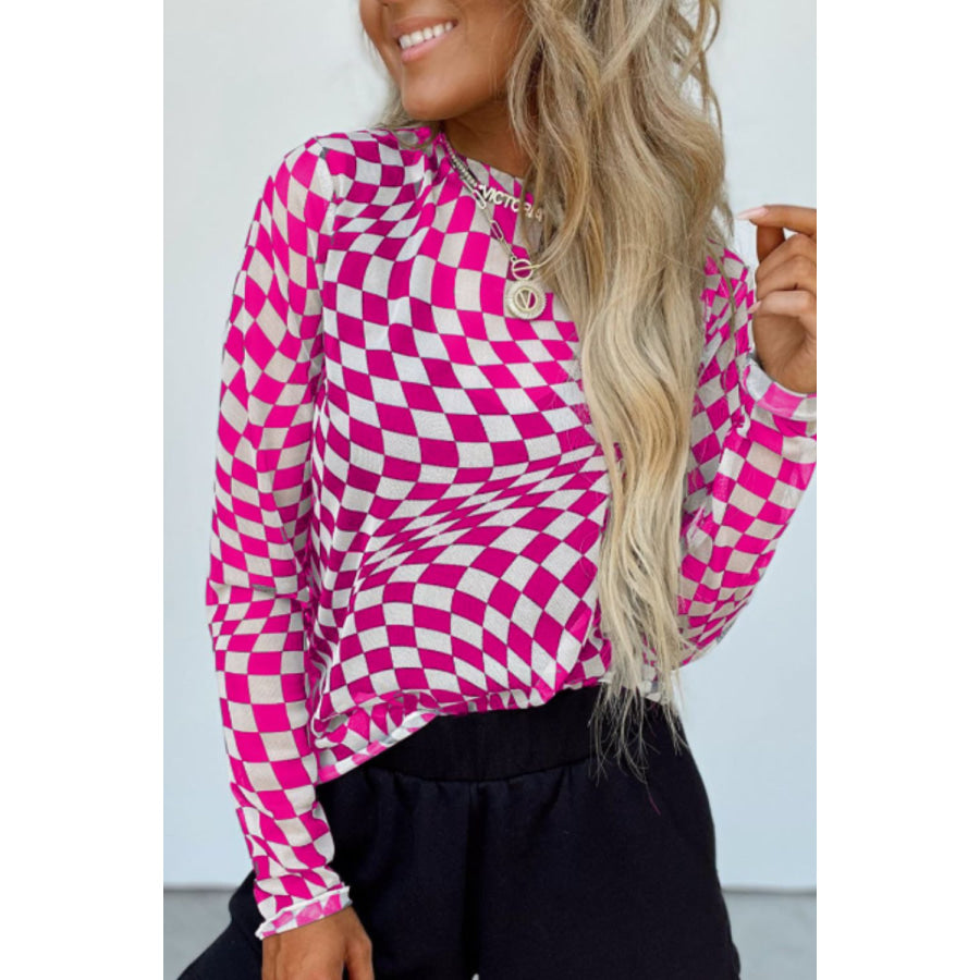 Checkered Mock Neck Long Sleeve Blouse Apparel and Accessories