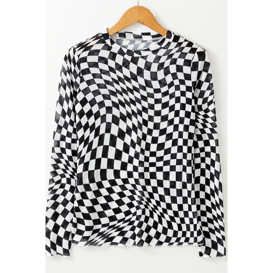 Checkered Mock Neck Long Sleeve Blouse Apparel and Accessories