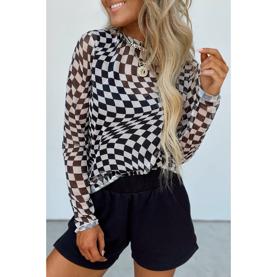 Checkered Mock Neck Long Sleeve Blouse Black / S Apparel and Accessories