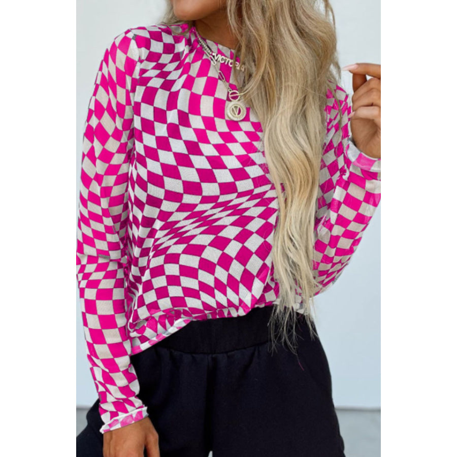 Checkered Mock Neck Long Sleeve Blouse Hot Pink / S Apparel and Accessories