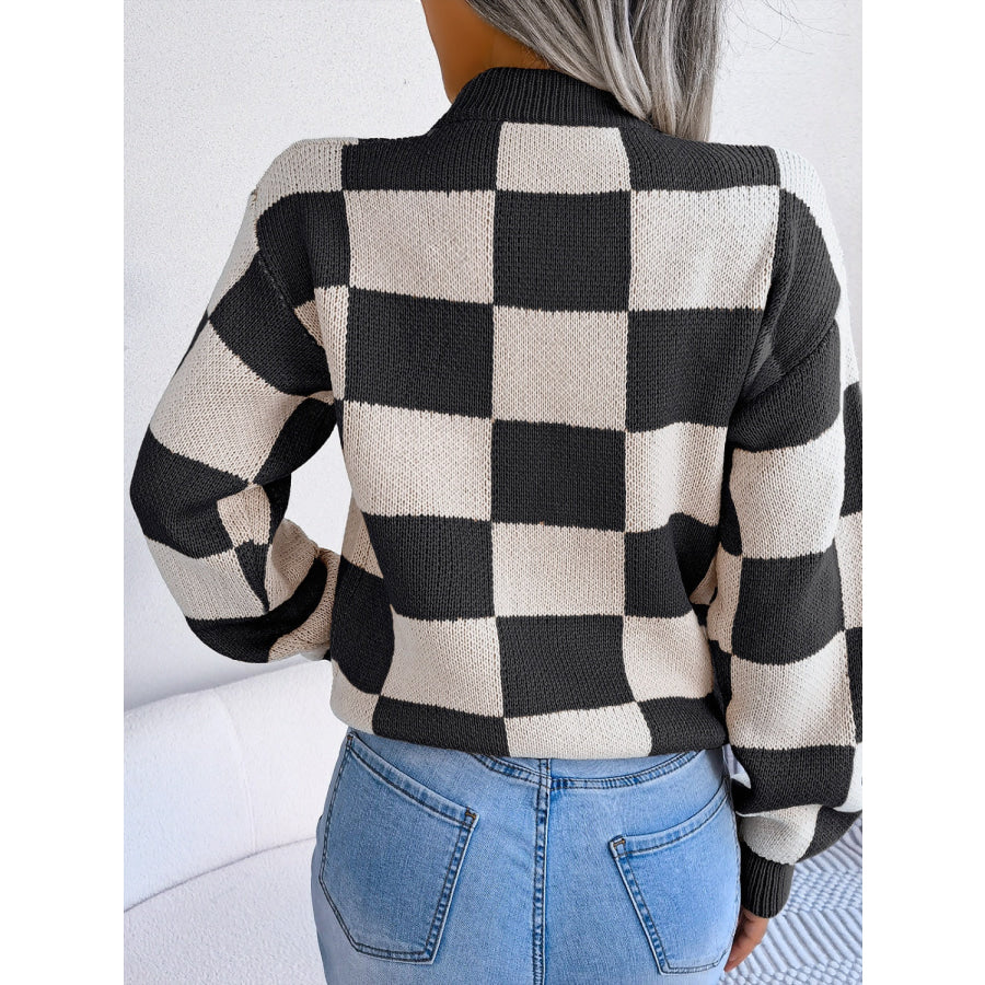 Checkered Mock Neck Long Sleeve Sweater Apparel and Accessories
