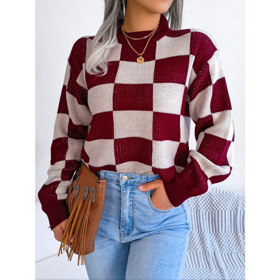 Checkered Mock Neck Long Sleeve Sweater Apparel and Accessories