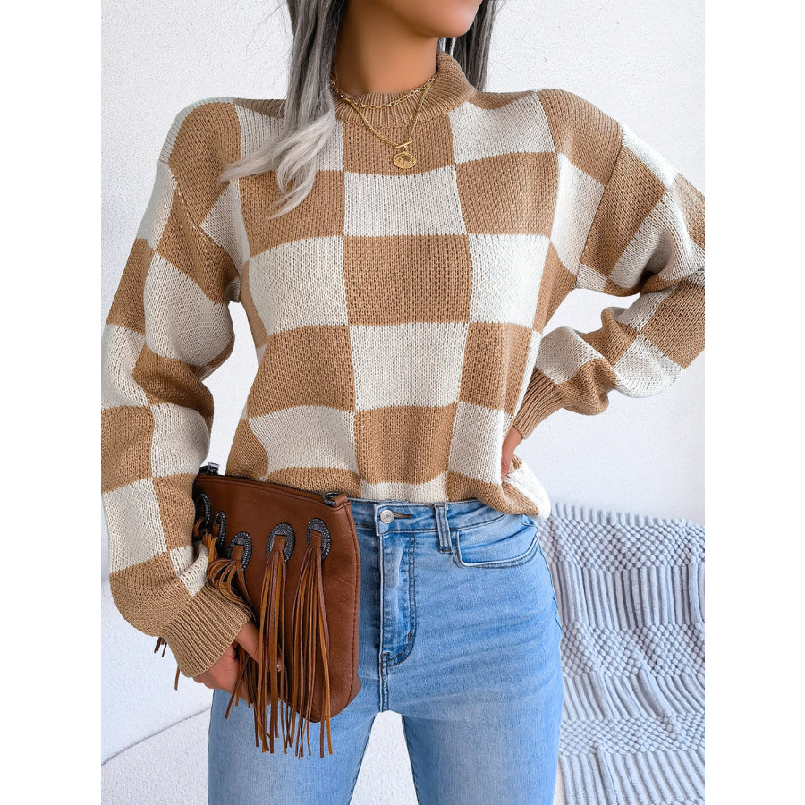 Checkered Mock Neck Long Sleeve Sweater Apparel and Accessories
