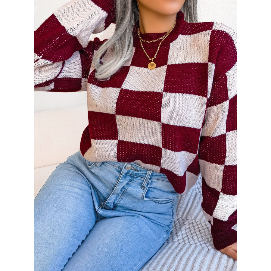 Checkered Mock Neck Long Sleeve Sweater Apparel and Accessories