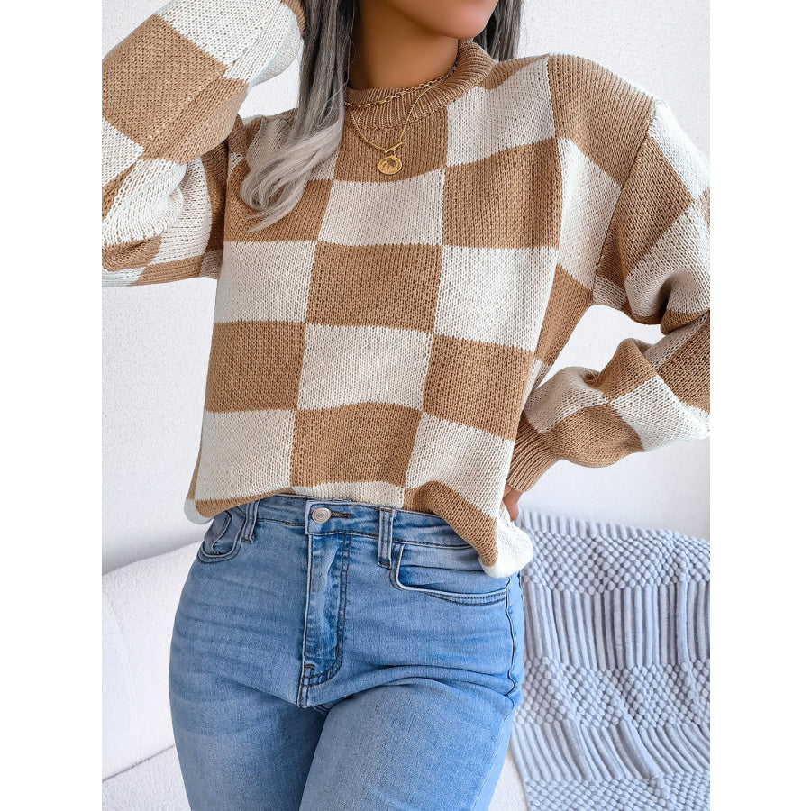 Checkered Mock Neck Long Sleeve Sweater Apparel and Accessories
