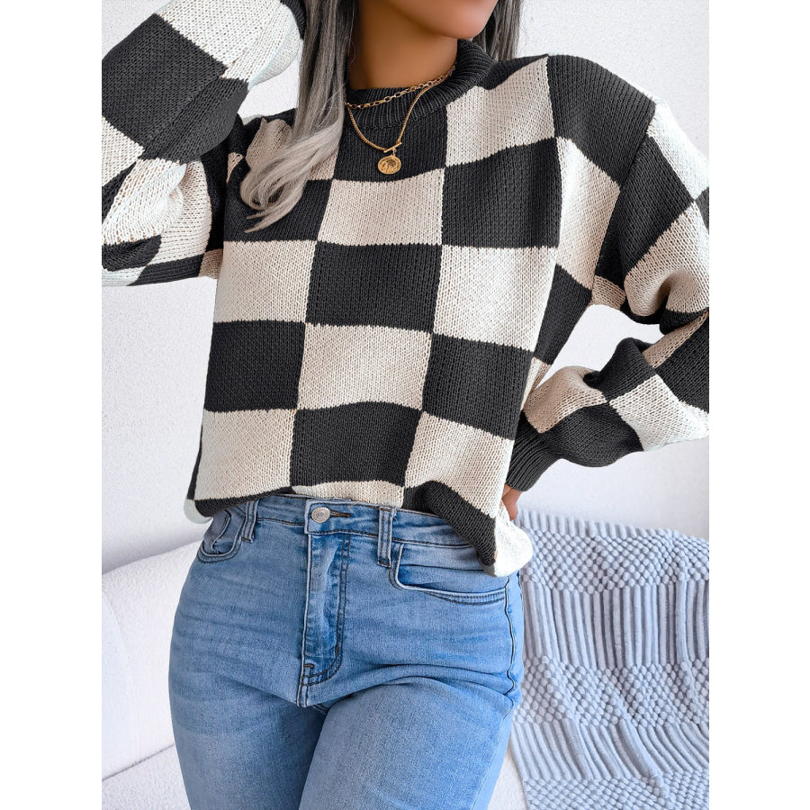 Checkered Mock Neck Long Sleeve Sweater Black / S Apparel and Accessories