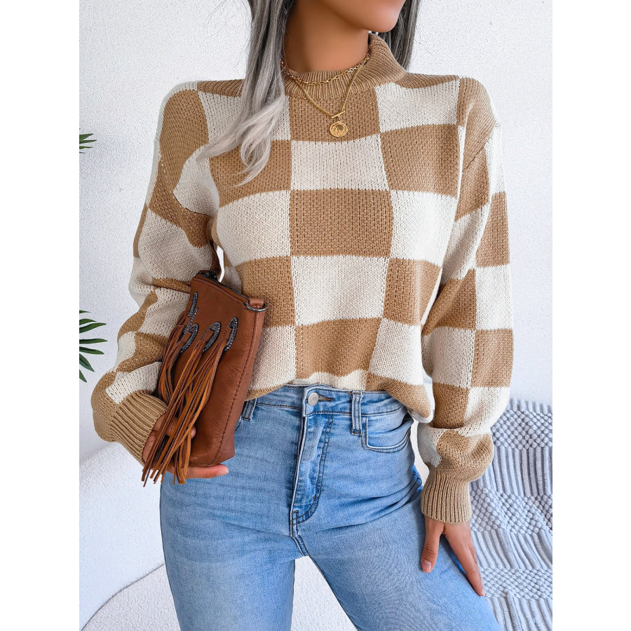 Checkered Mock Neck Long Sleeve Sweater Apparel and Accessories
