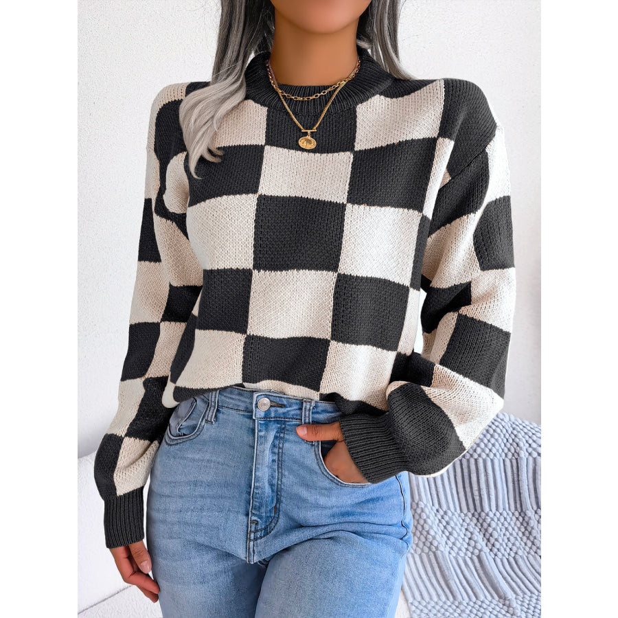 Checkered Mock Neck Long Sleeve Sweater Black / S Apparel and Accessories