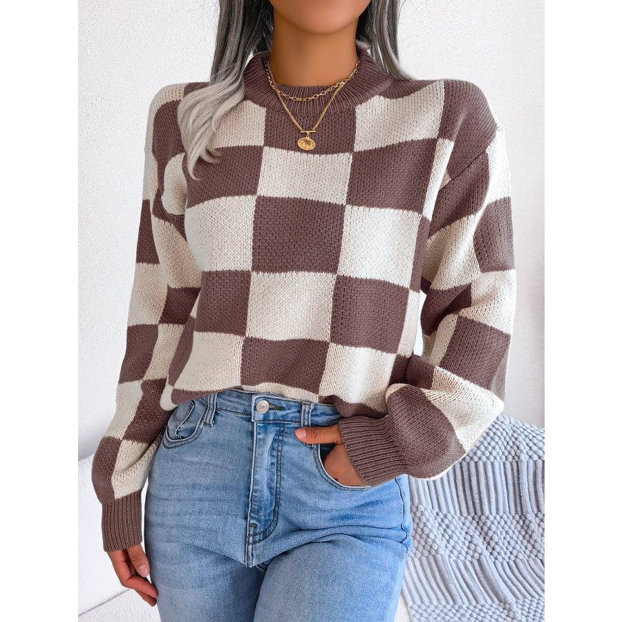 Checkered Mock Neck Long Sleeve Sweater Taupe / S Apparel and Accessories