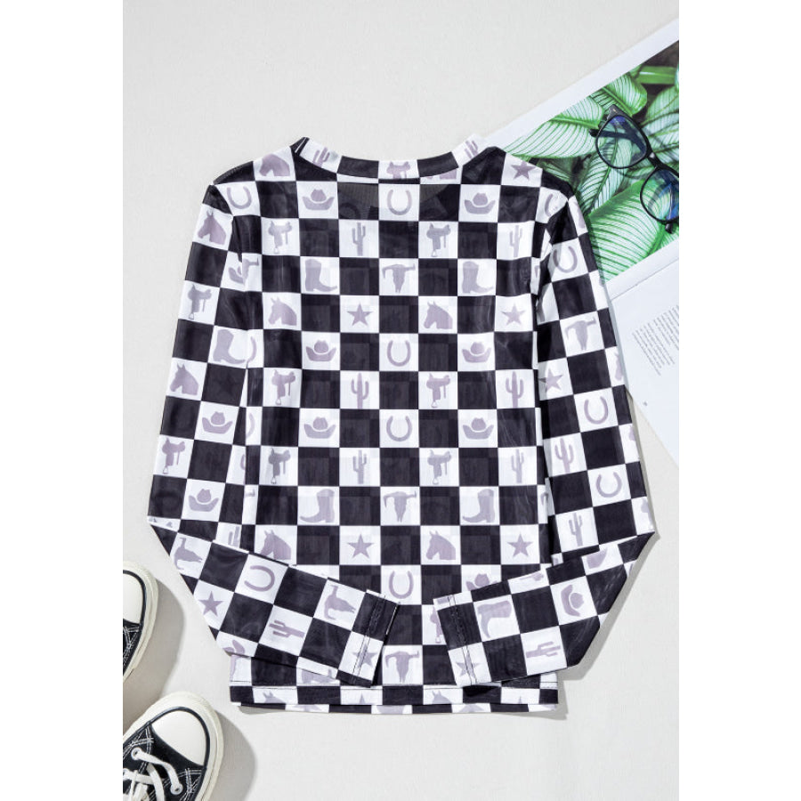 Checkered Mock Neck Long Sleeve Top Apparel and Accessories