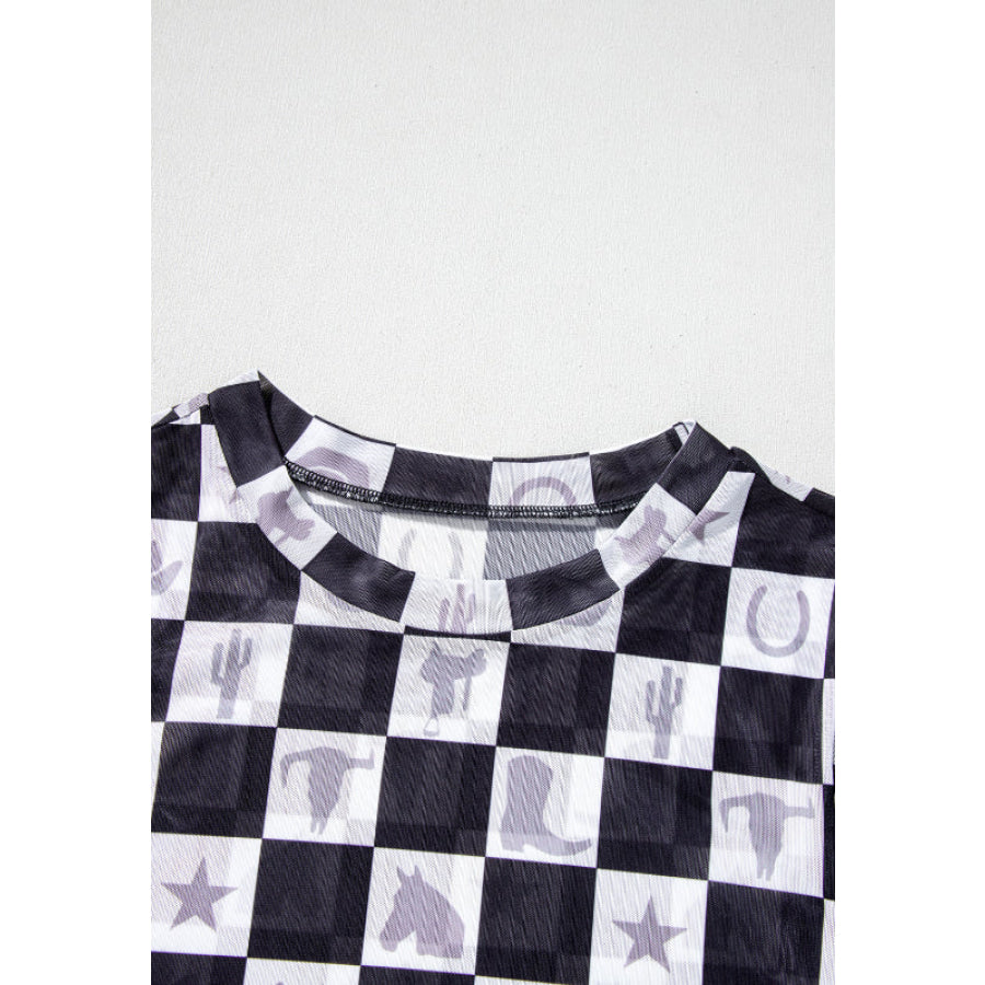 Checkered Mock Neck Long Sleeve Top Apparel and Accessories