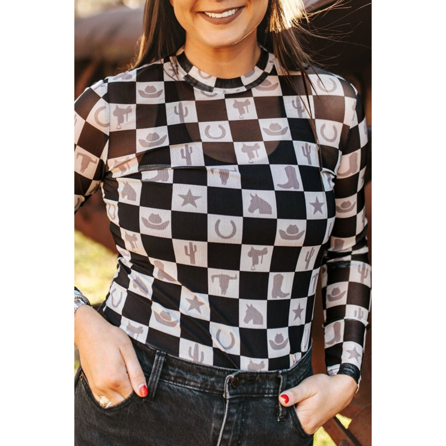 Checkered Mock Neck Long Sleeve Top Apparel and Accessories