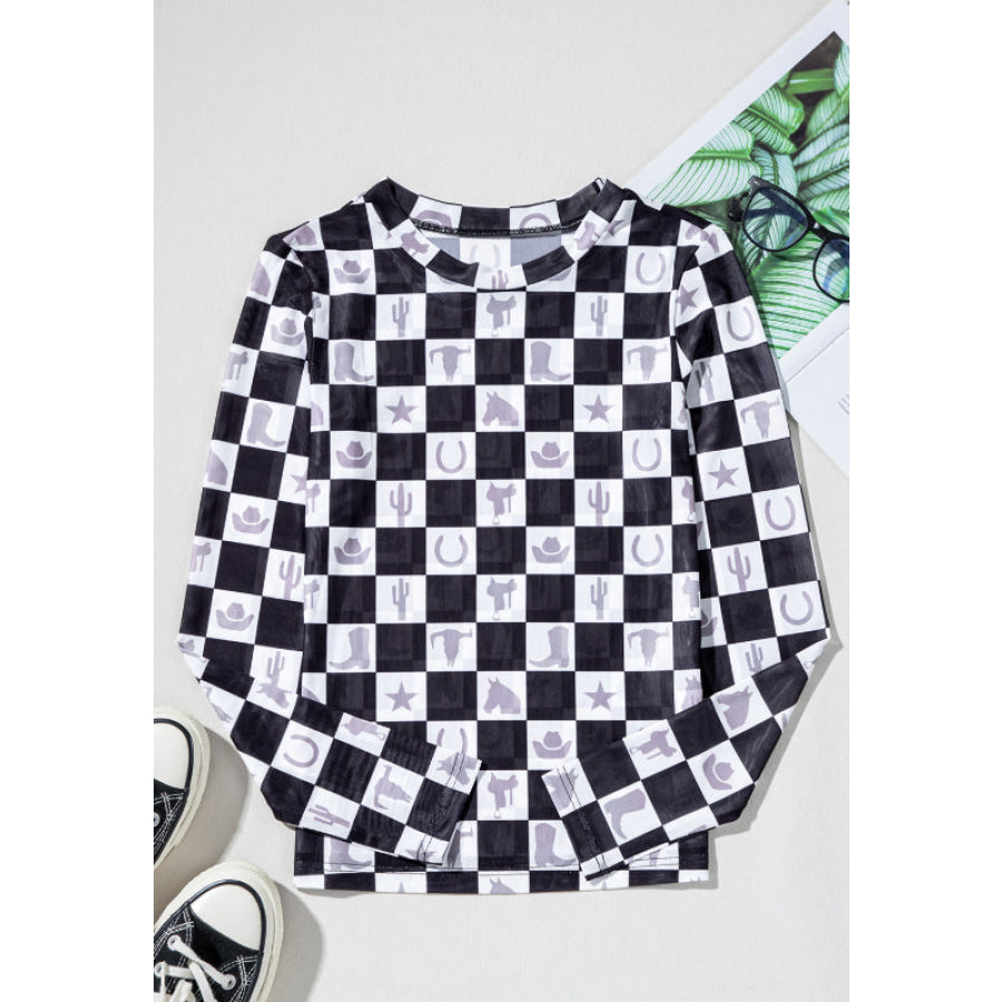 Checkered Mock Neck Long Sleeve Top Apparel and Accessories