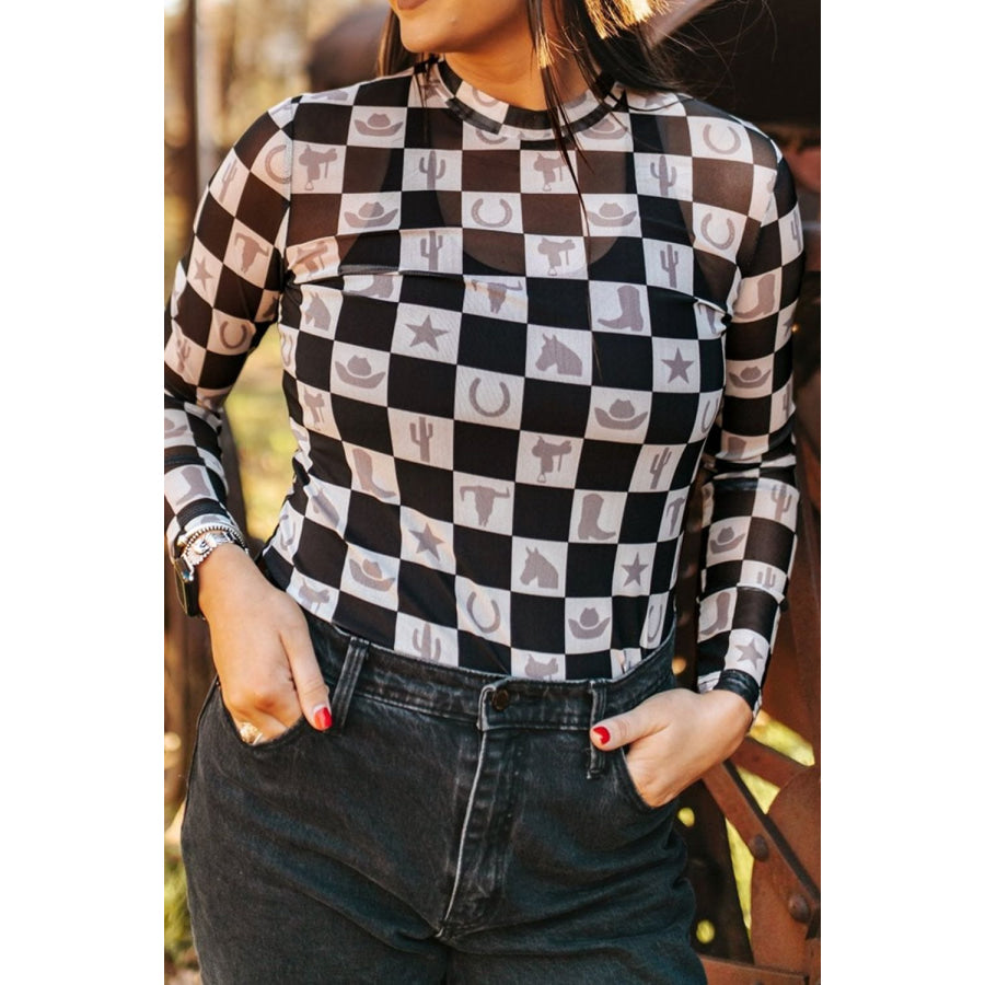 Checkered Mock Neck Long Sleeve Top Black / S Apparel and Accessories