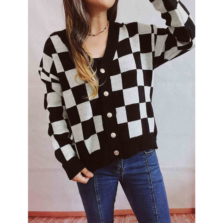 Checkered Open Front Button Up Cardigan Black / S