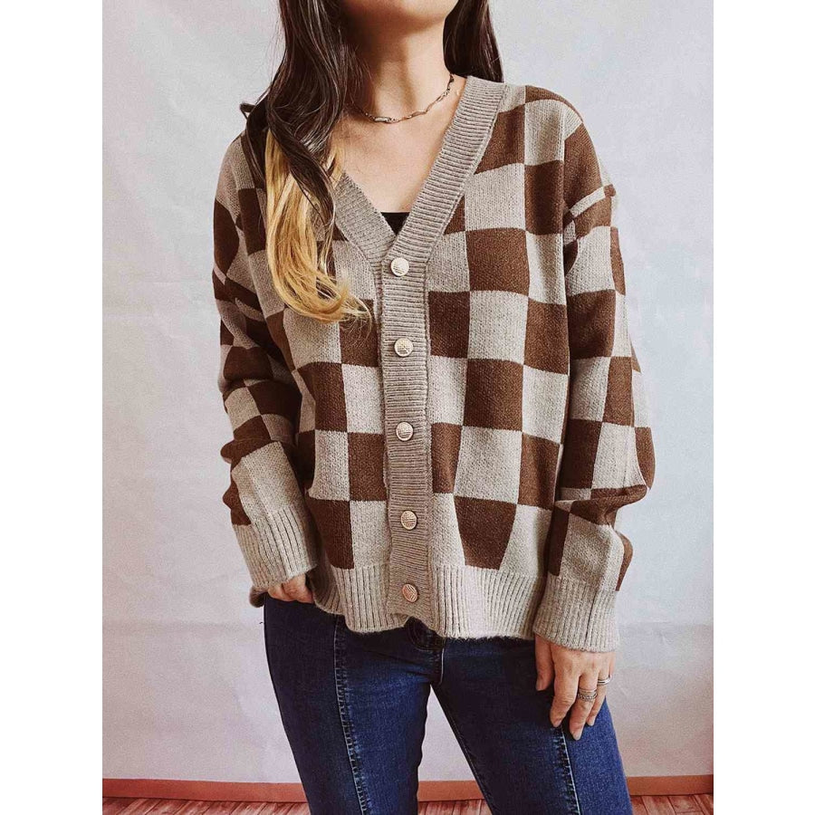 Checkered Open Front Button Up Cardigan Chestnut / S