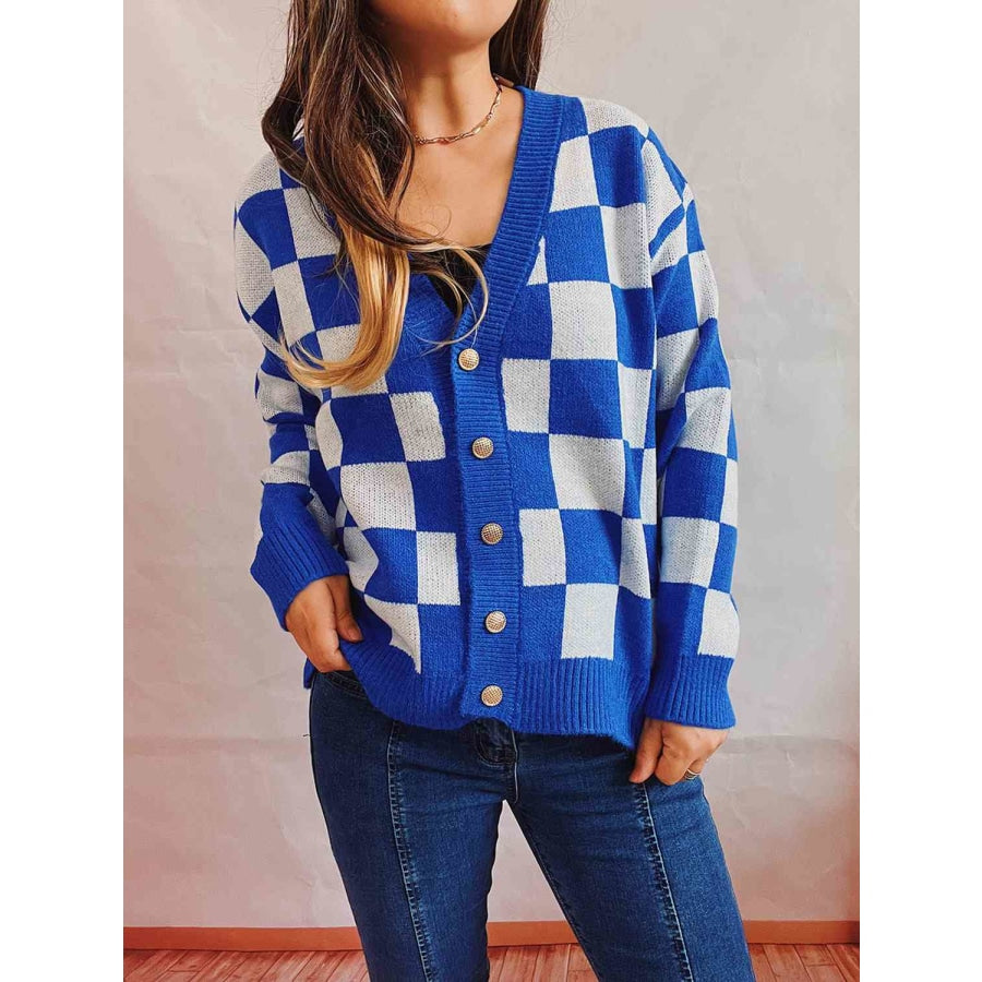 Checkered Open Front Button Up Cardigan Cobalt Blue / S