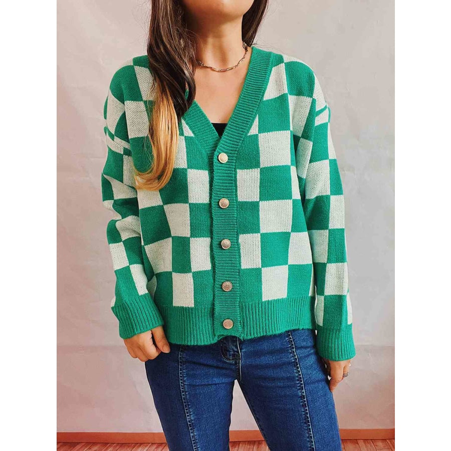 Checkered Open Front Button Up Cardigan Mid Green / S