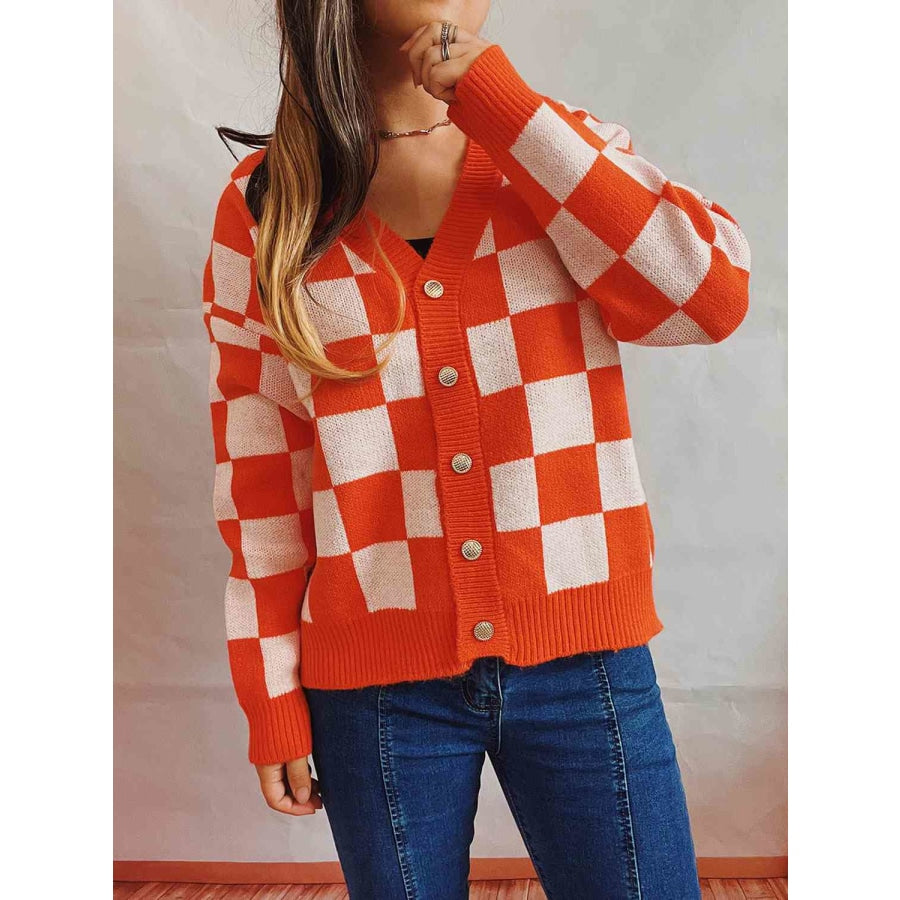 Checkered Open Front Button Up Cardigan Red / S