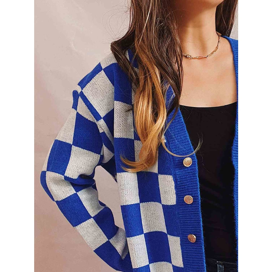 Checkered Open Front Button Up Cardigan