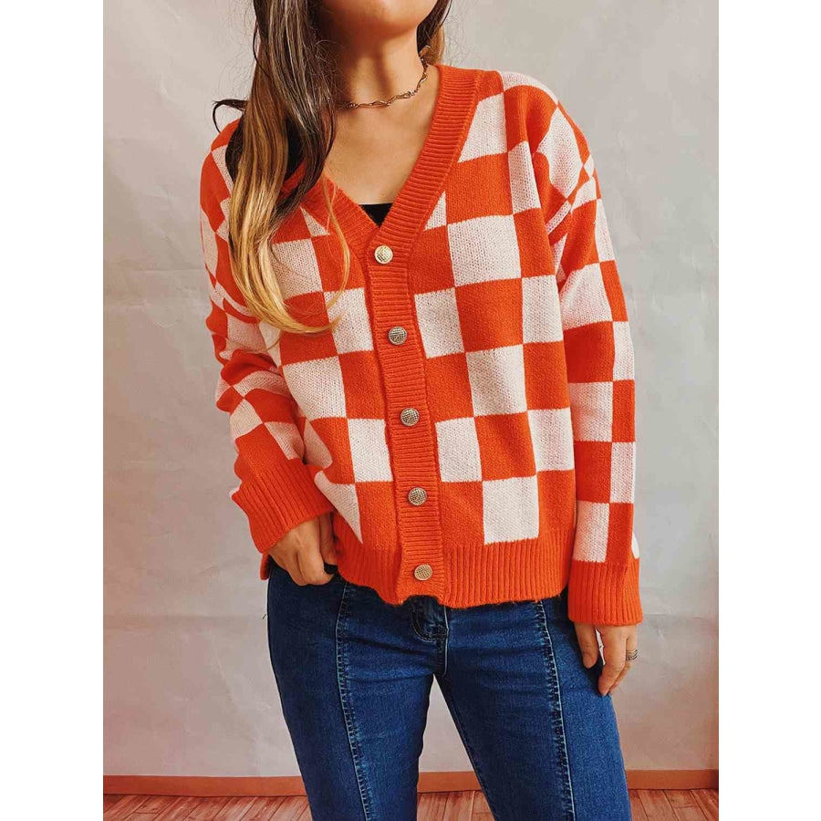 Checkered Open Front Button Up Cardigan