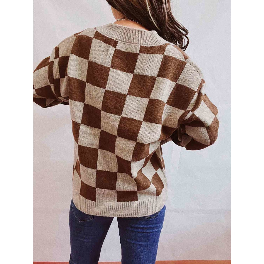 Checkered Open Front Button Up Cardigan Chestnut / S