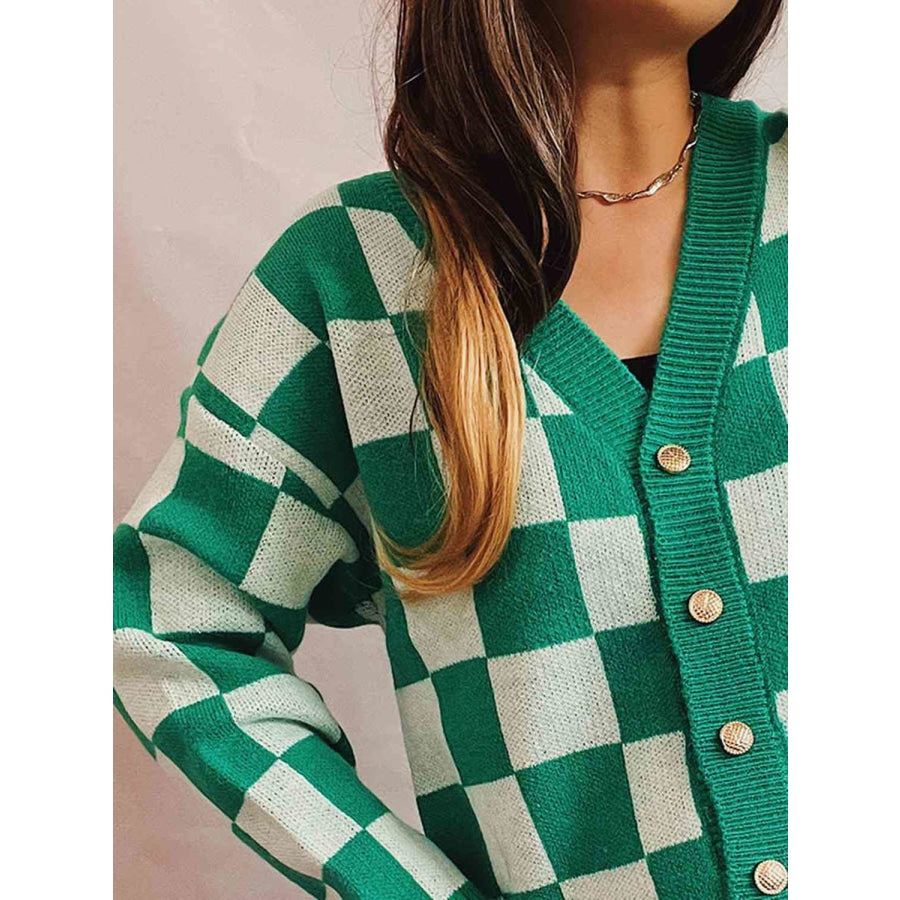 Checkered Open Front Button Up Cardigan