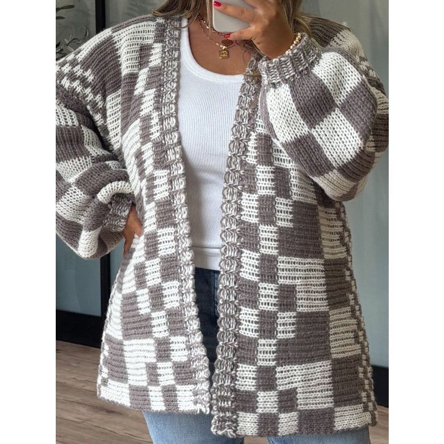 Checkered Open Front Long Sleeve Cardigan Apparel and Accessories