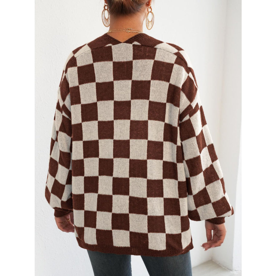 Checkered Open Front Long Sleeve Cardigan Apparel and Accessories