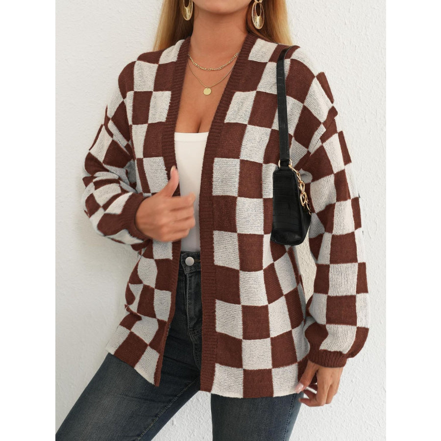 Checkered Open Front Long Sleeve Cardigan Apparel and Accessories