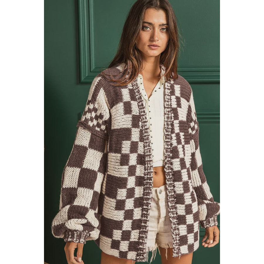 Checkered Open Front Long Sleeve Cardigan Apparel and Accessories