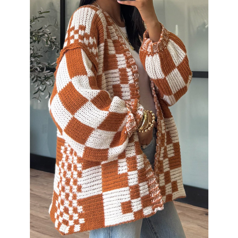 Checkered Open Front Long Sleeve Cardigan Apparel and Accessories