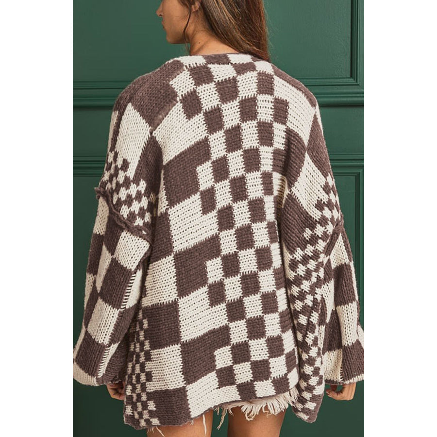 Checkered Open Front Long Sleeve Cardigan Apparel and Accessories