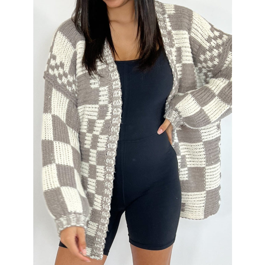 Checkered Open Front Long Sleeve Cardigan Apparel and Accessories