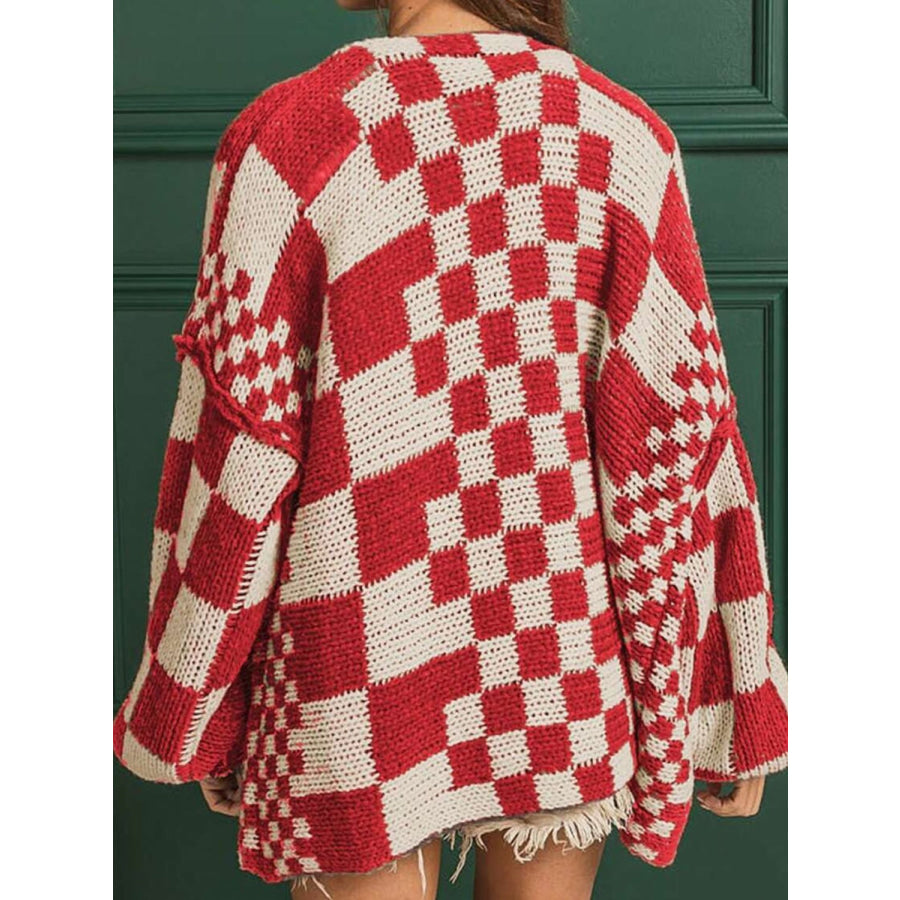 Checkered Open Front Long Sleeve Cardigan Apparel and Accessories