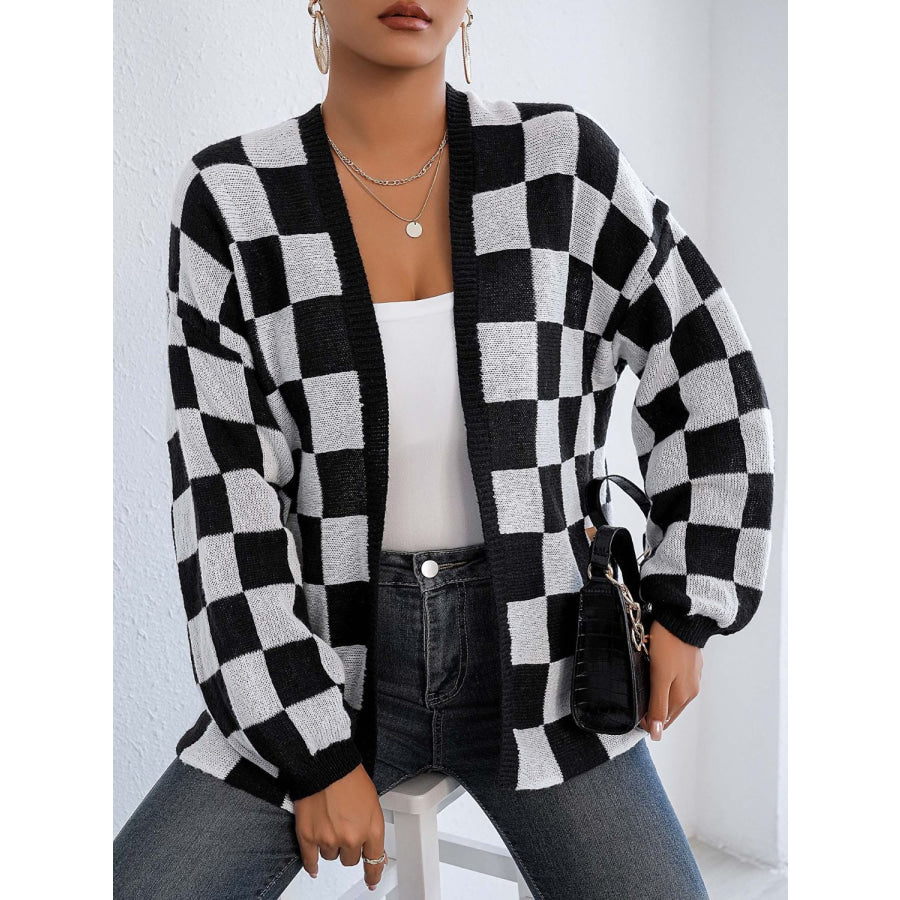 Checkered Open Front Long Sleeve Cardigan Apparel and Accessories