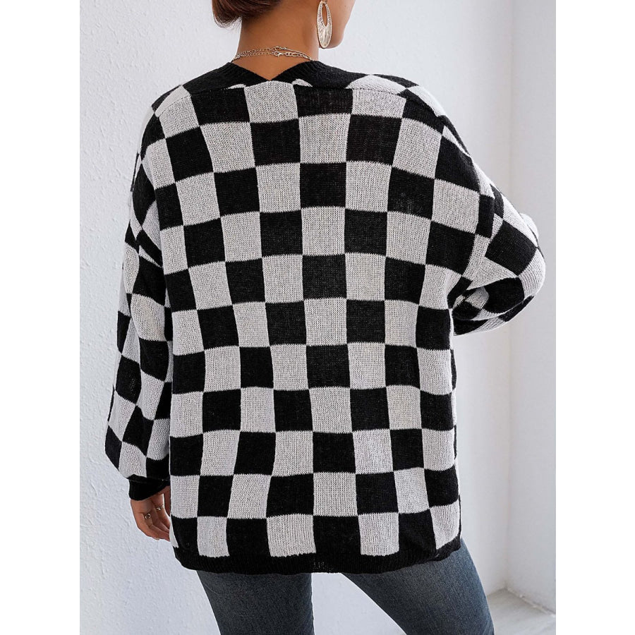 Checkered Open Front Long Sleeve Cardigan Apparel and Accessories