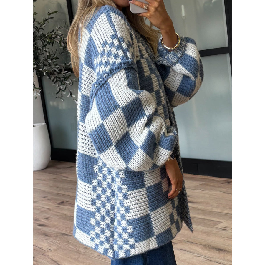 Checkered Open Front Long Sleeve Cardigan Apparel and Accessories