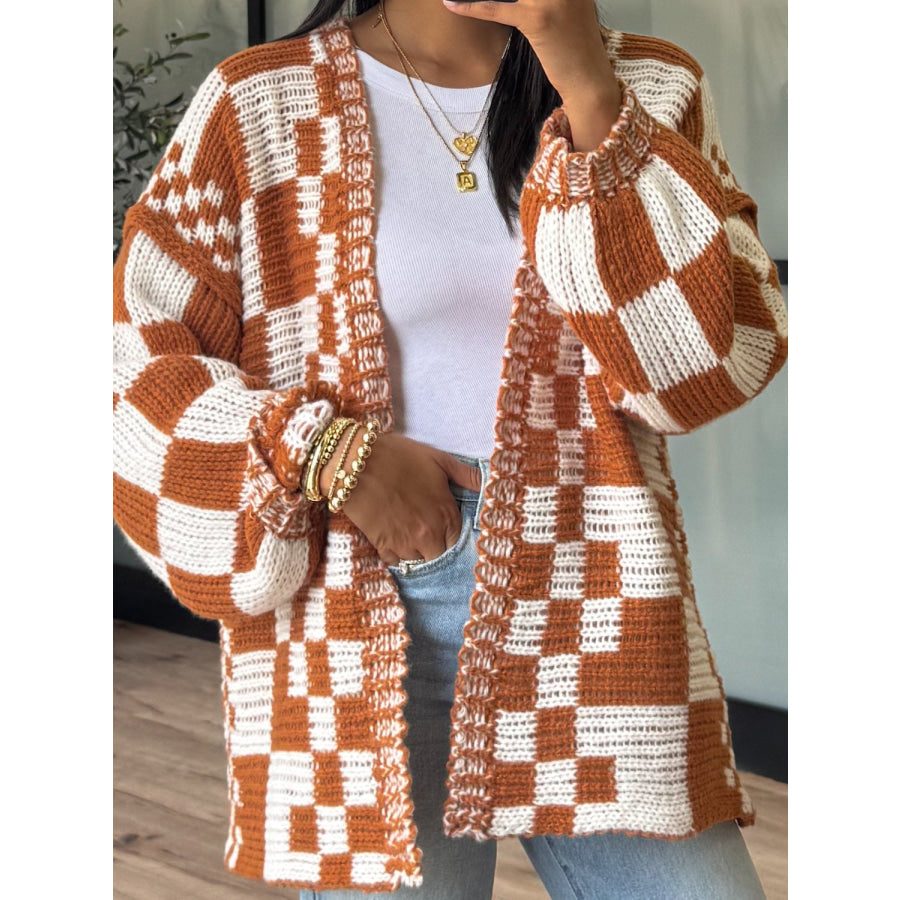 Checkered Open Front Long Sleeve Cardigan Apparel and Accessories