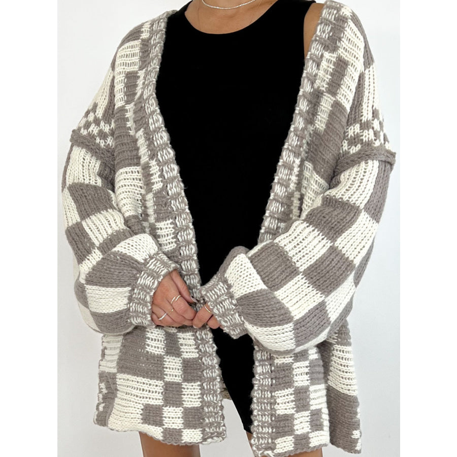 Checkered Open Front Long Sleeve Cardigan Apparel and Accessories