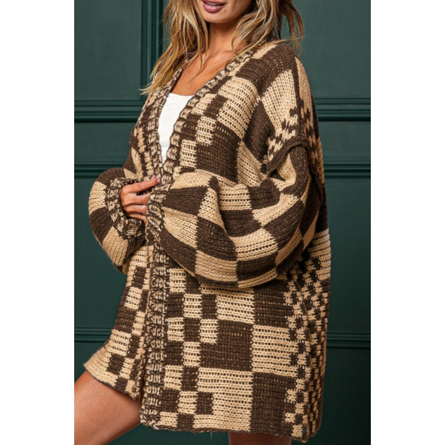 Checkered Open Front Long Sleeve Cardigan Apparel and Accessories