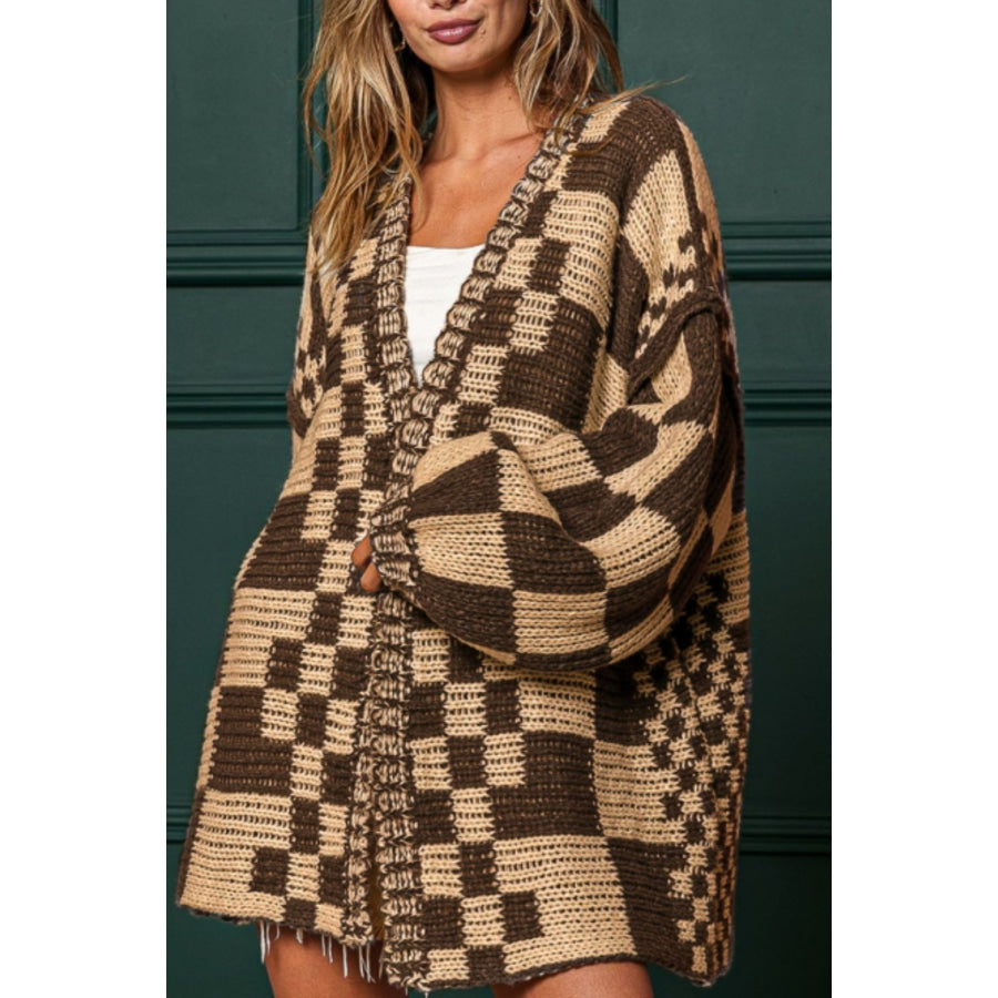 Checkered Open Front Long Sleeve Cardigan Apparel and Accessories