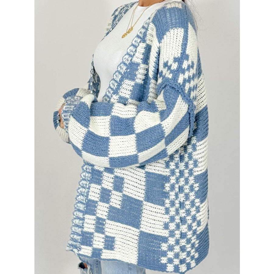 Checkered Open Front Long Sleeve Cardigan Apparel and Accessories