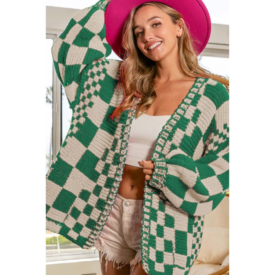 Checkered Open Front Long Sleeve Cardigan Apparel and Accessories