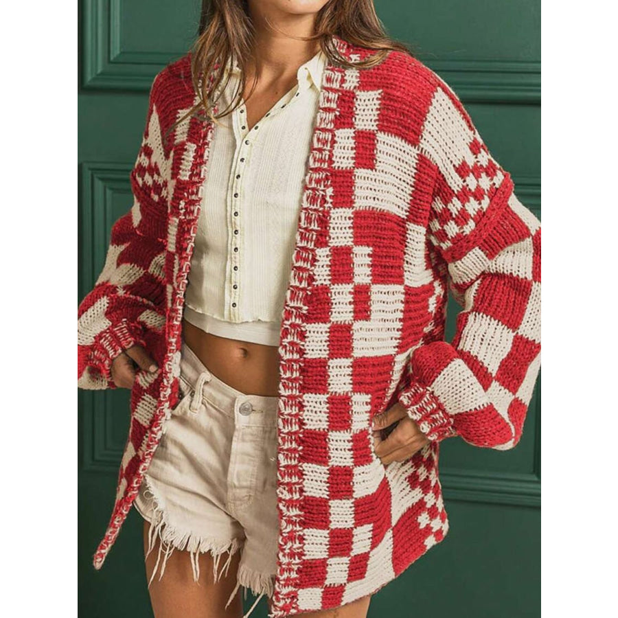 Checkered Open Front Long Sleeve Cardigan Apparel and Accessories