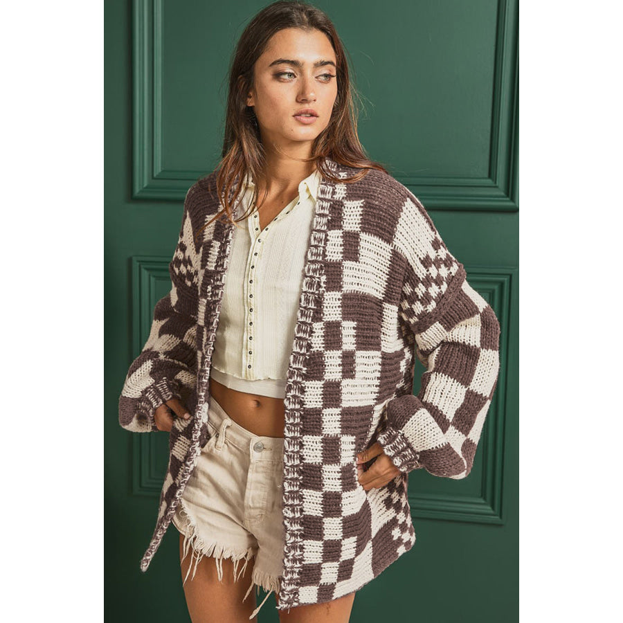 Checkered Open Front Long Sleeve Cardigan Apparel and Accessories